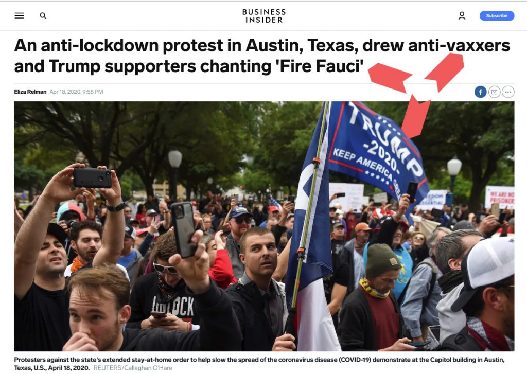 news media story showing anti-lockdown protesters supporting anti-vaxx and calling for Fauci to be fired while supporting President Trump.