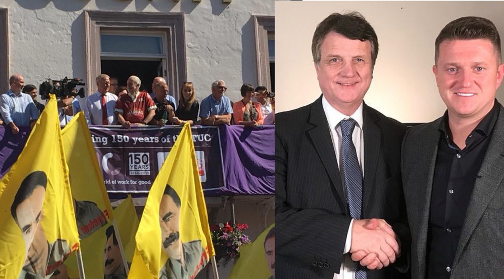 Side by side pictures of flags with images of Abdullah Ocalan at Durham Miners' Gala, and Tommy Robinson shaking hands with UKIP leader Gerard Batten.